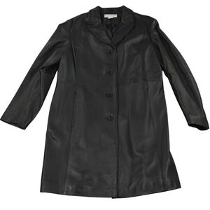 VTG Modern Essentials Leather Jacket‎ Coat Women XL Black Button Front Trench